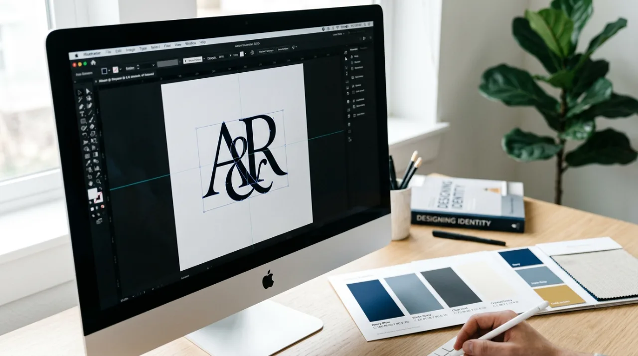 Visão aproximada de uma tela de computador mostrando o processo de design de um monograma clássico para advogado, com pa