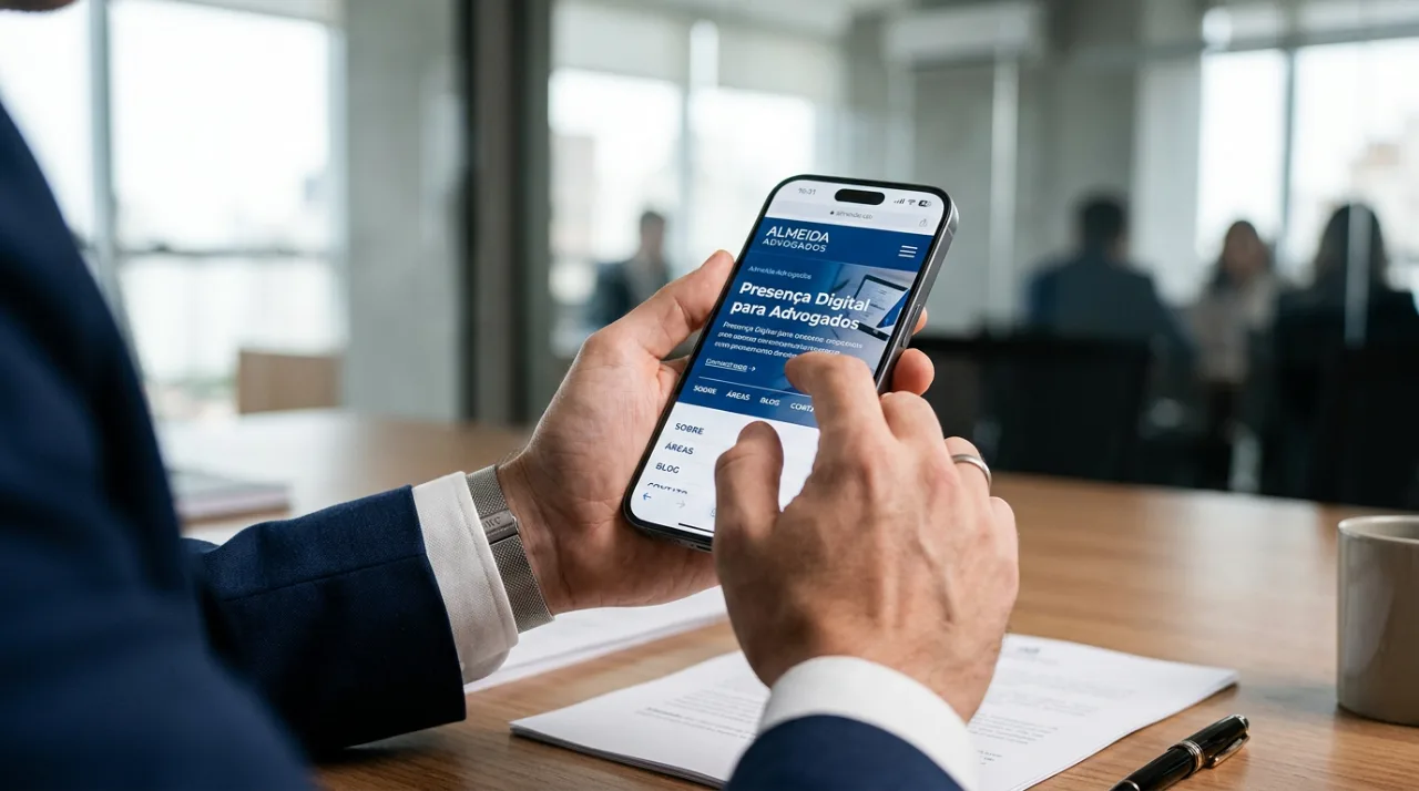 Close-up de mãos de um advogado utilizando um smartphone para navegar em um site responsivo, transmitindo tecnologia e a