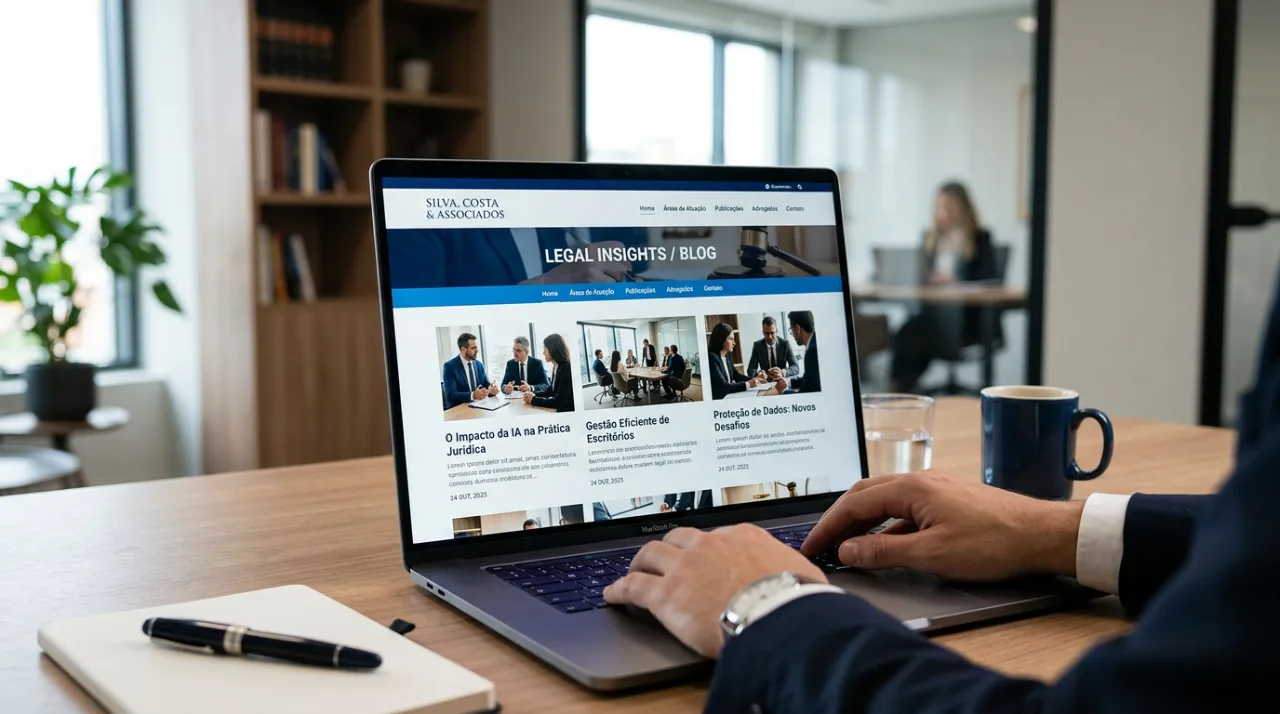 Close em uma tela de computador exibindo um blog jurídico com artigos organizados e imagens profissionais de direito.