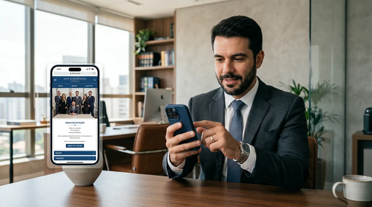 Um advogado em seu escritório usando um smartphone, com foco na tela do celular mostrando um site jurídico que se adapta