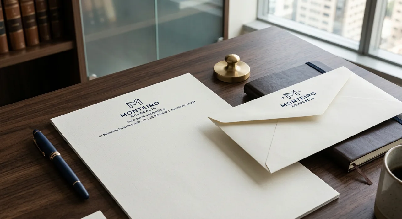 Close em um conjunto de papelaria jurídica premium, incluindo papel timbrado e envelopes com um logotipo minimalista sob